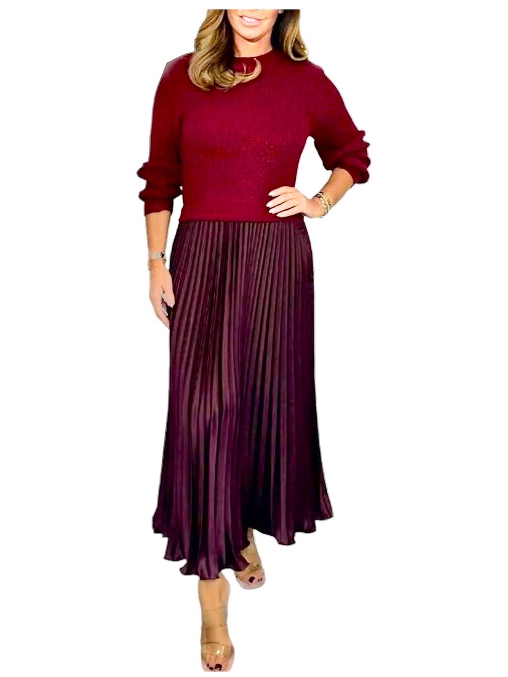 Burgundy Two-Piece Pleated Skirt Set long sleeve jumper dress crew neck maxi